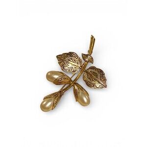 Brooch Damascene Gold Tone Faux Pearl Teardrop Leaf Spray Pin Brooch Spain